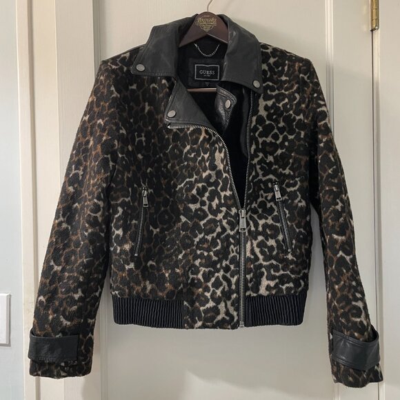 Guess Moto Jacket Faux Leather Cheetah Print Size Medium - Picture 2 of 11